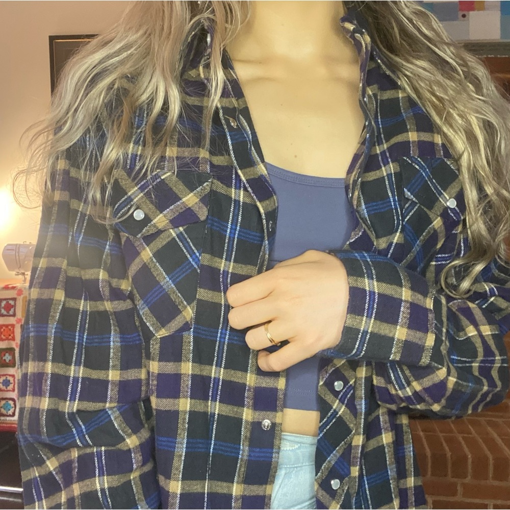 Y2K Wrangler Pearl Snap Oversized Menswear Western Boyfriend Flannel Uni… - Picture 2 of 12
